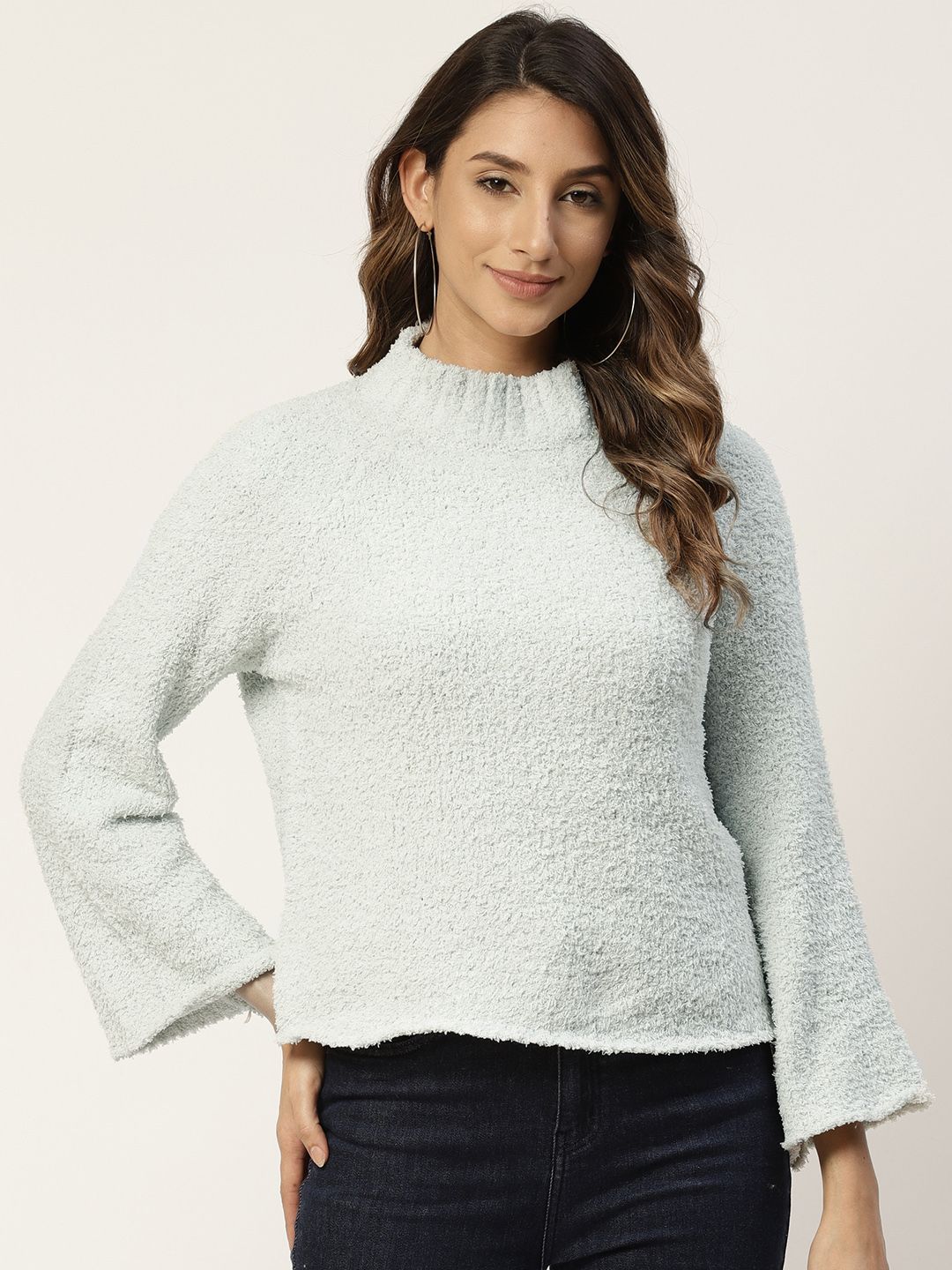 Madame Women Mint Green Solid Fuzzy Pullover Sweater Price in India