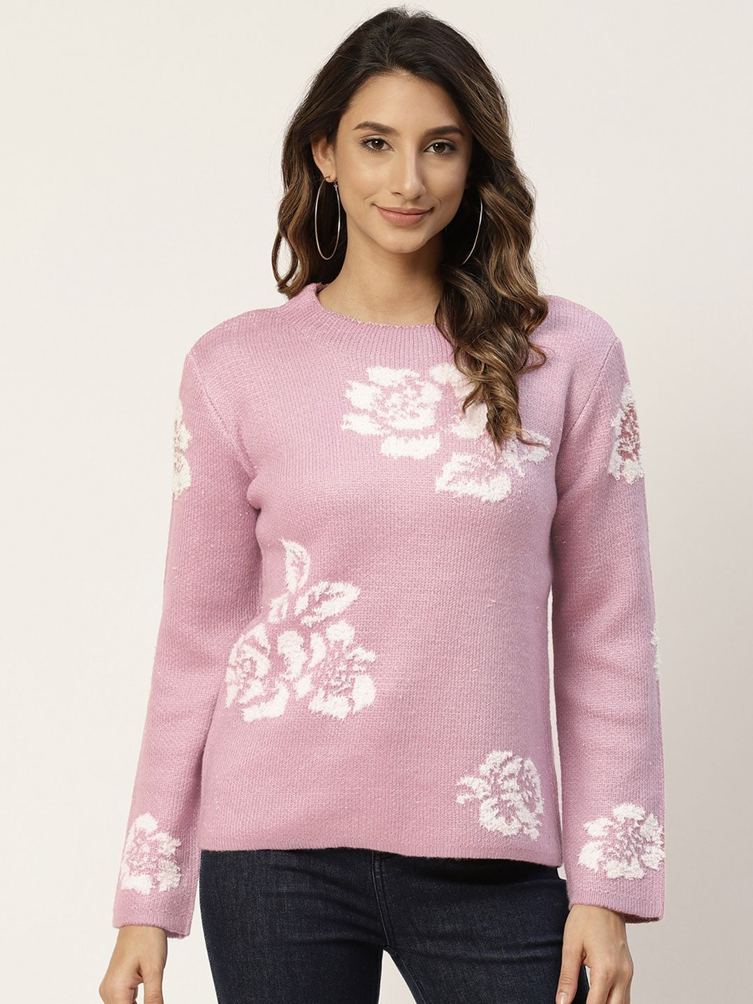 Madame Women Mauve & White Floral Self-Design Pullover Sweater Price in India