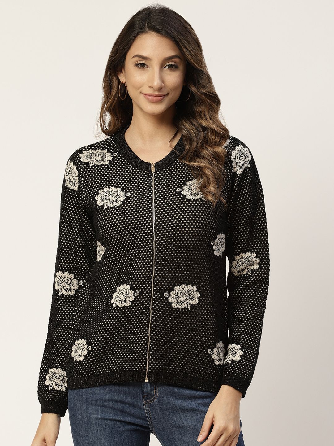 Madame Women Black & White Floral Woven Design Cardigan Price in India