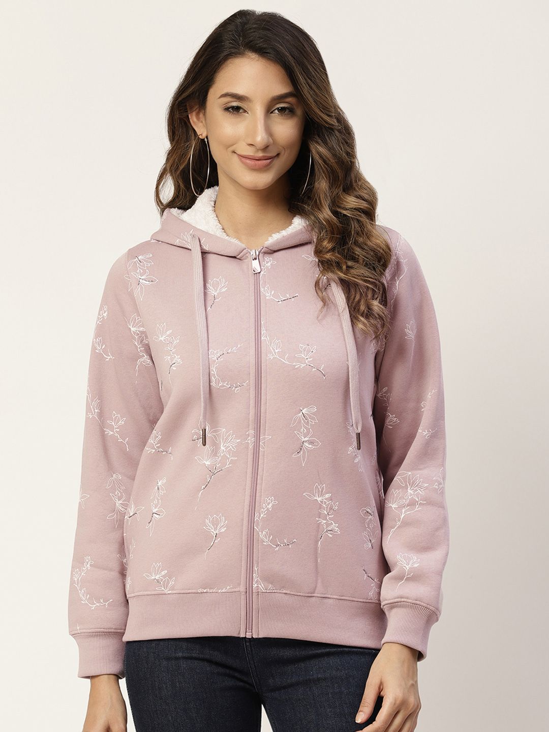 Madame Women Mauve & White Floral Print Hooded Sweatshirt Price in India