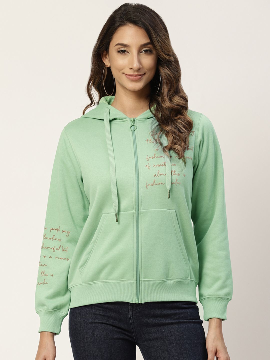 Madame Women Green Typography Print Hooded Sweatshirt Price in India