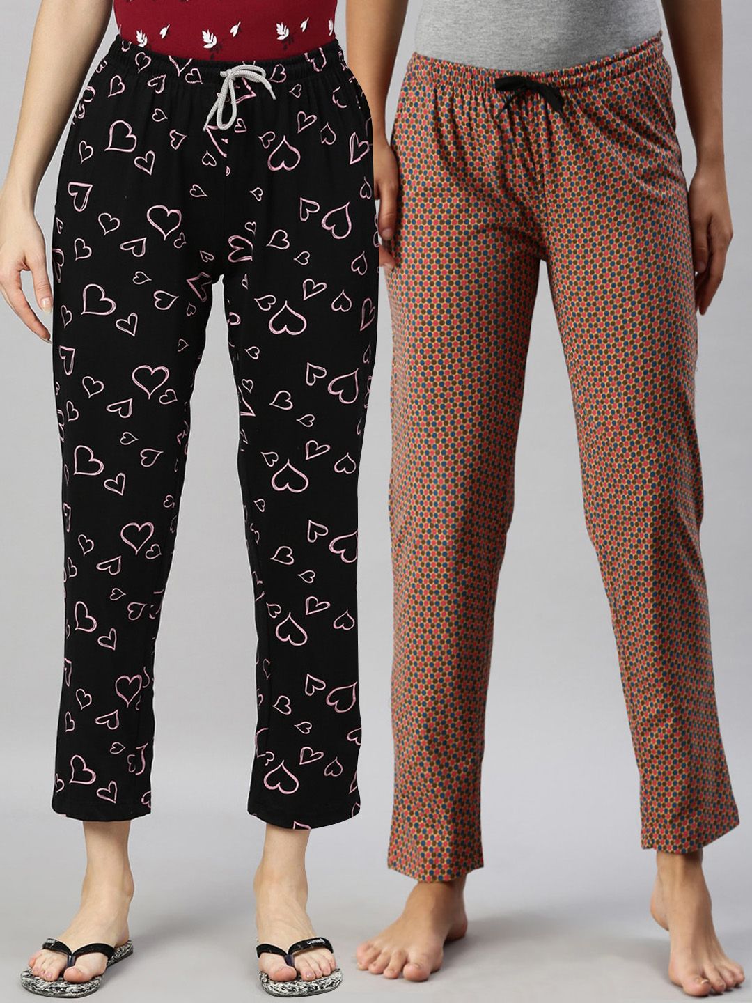 Kryptic Women Black & Pink Pack Of 2 Printed Pure Cotton Pyjamas Price in India