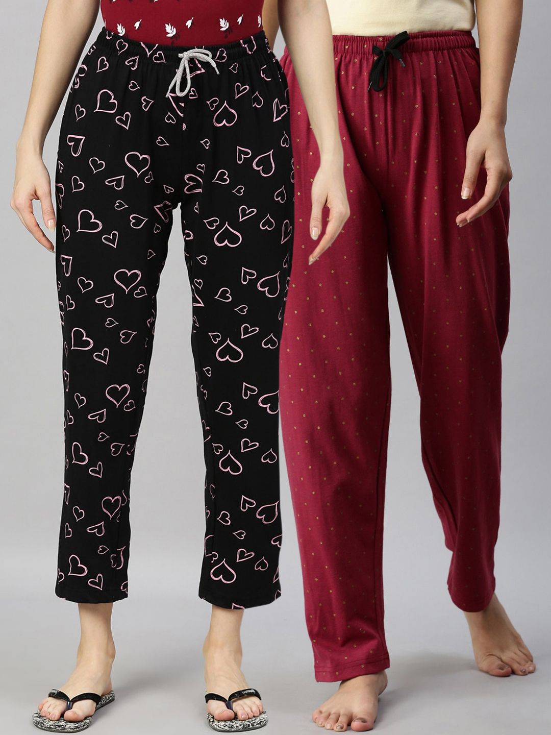 Kryptic Women Black & Maroon Pack Of 2 Printed Pure Cotton Pyjamas Price in India