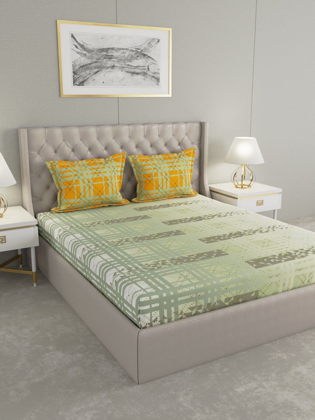 Raymond Home Green & Orange Geometric 140 TC Queen Bedsheet with 2 Pillow Covers Price in India