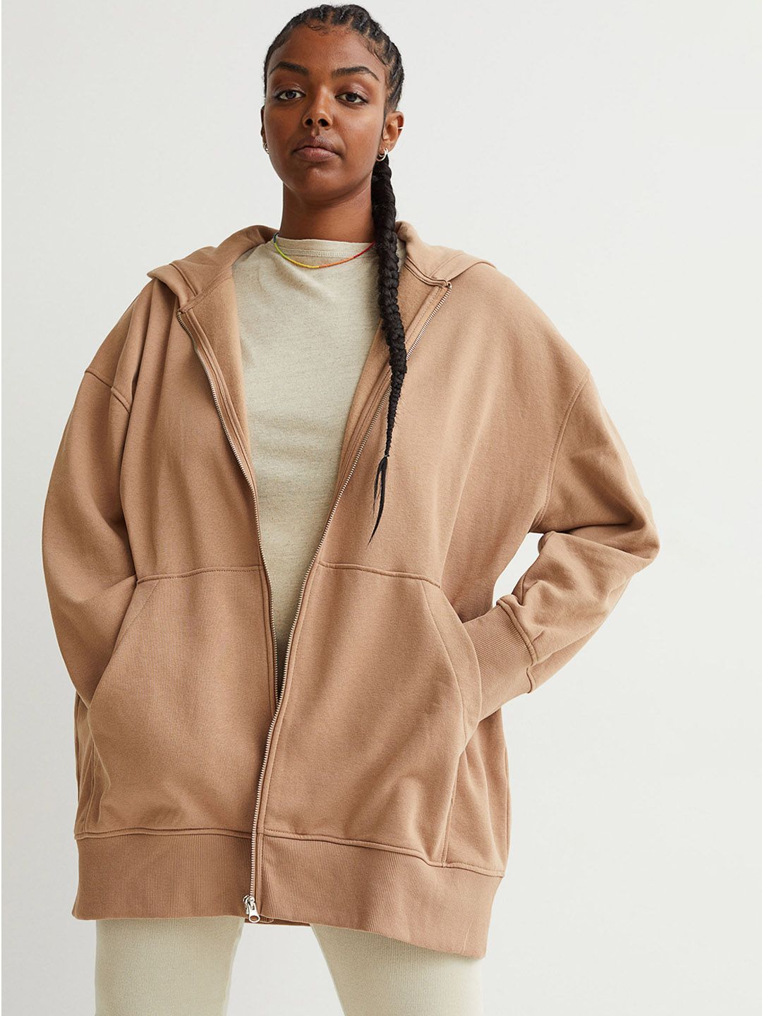 H&M Women Beige Long Zip-Through Hoodie Price in India