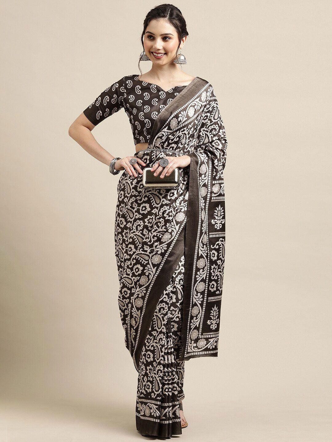 Saree mall Grey & White Floral Printed Art Silk Sarees Price in India