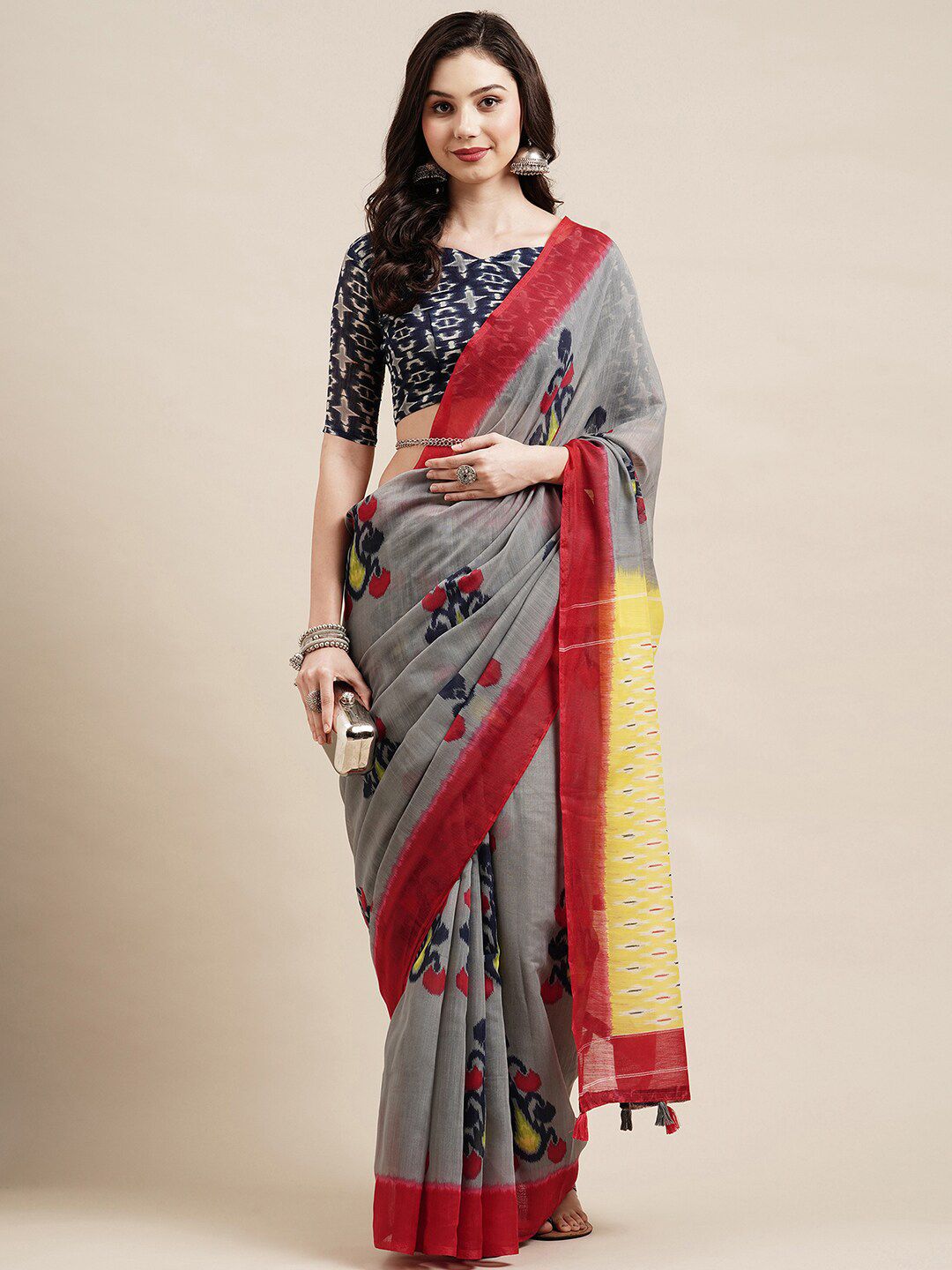 Saree mall Grey & Red Floral Pure Cotton Sarees Price in India