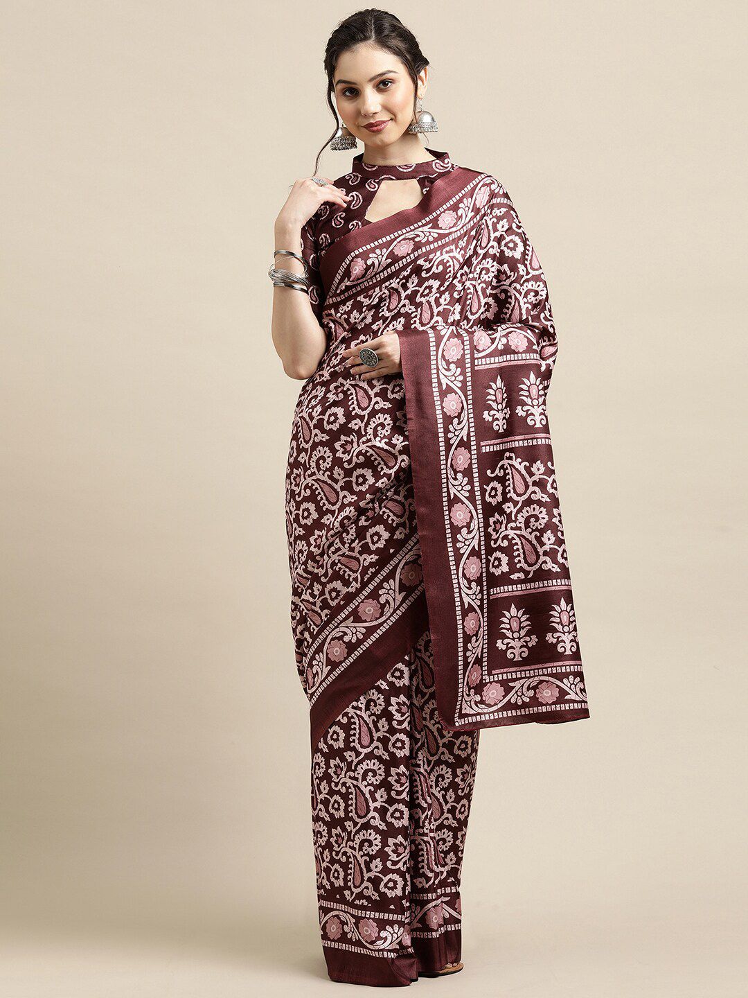 Saree mall Brown & White Floral Art Silk Sarees Price in India