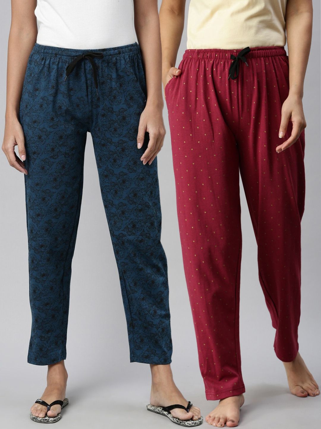 Kryptic Pack of 2 Women Teal & Maroon Cotton Printed Pyjamas Price in India