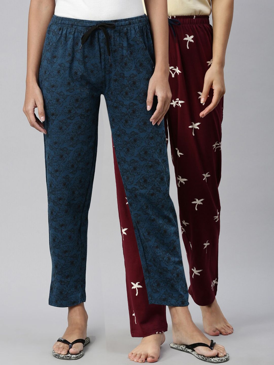 Kryptic Women Teal & Maroon Pack Of 2 Printed Pure Cotton Pyjamas Price in India