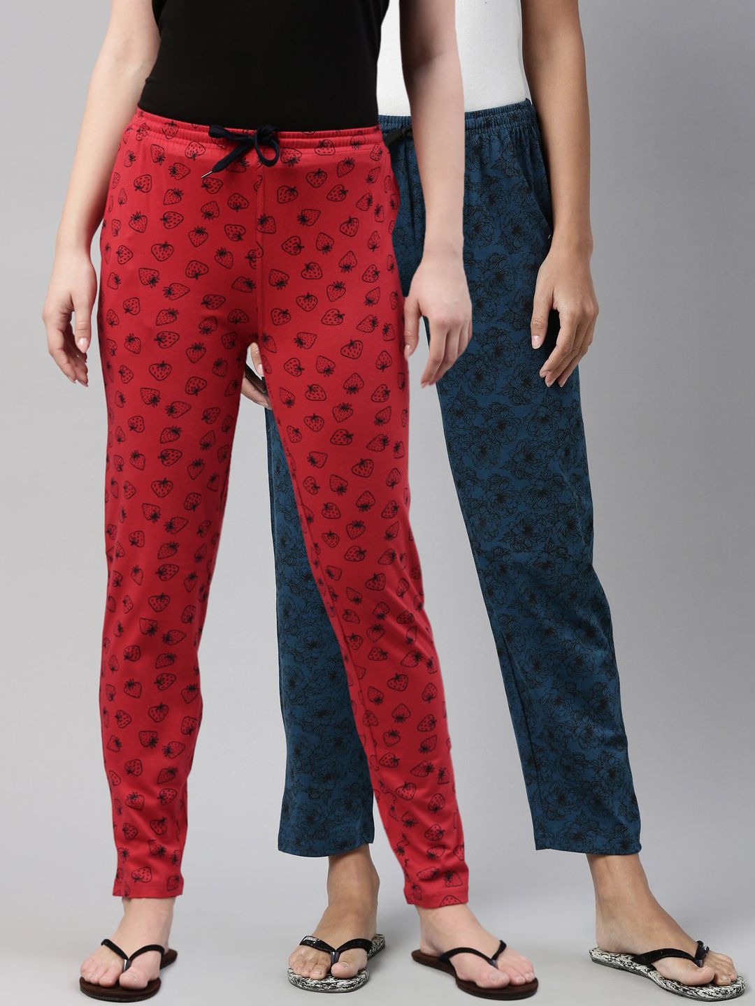 Kryptic Pack of 2 Women Red & Teal Cotton Printed Pyjamas Price in India
