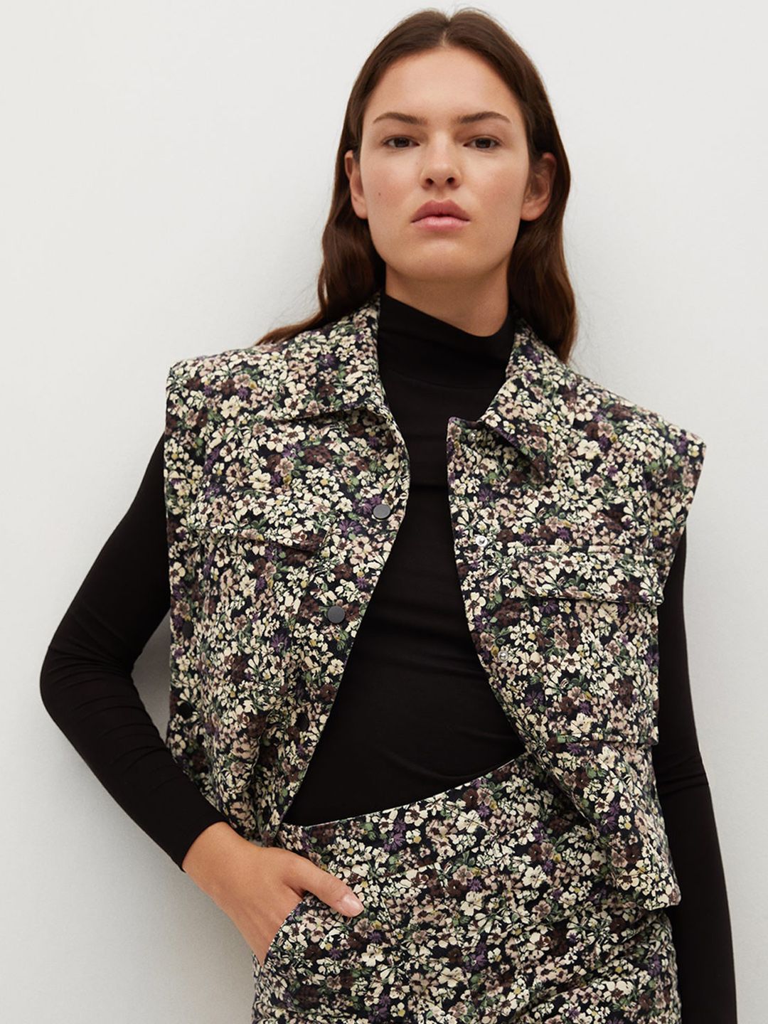 MANGO Women Black & Green Pure Cotton Floral Printed Tailored Jacket Price in India