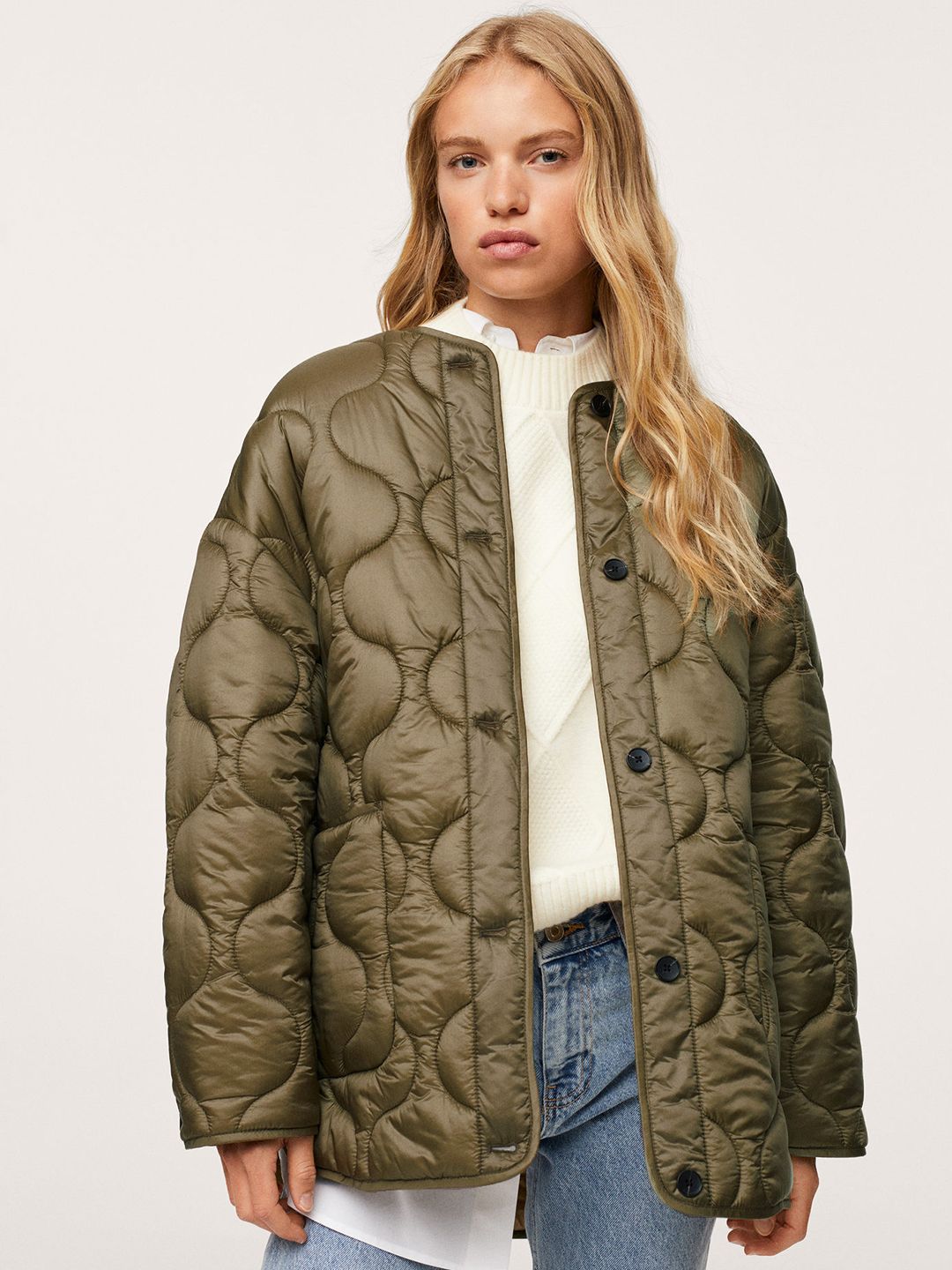 MANGO Women Olive Green Solid Padded Jacket Price in India