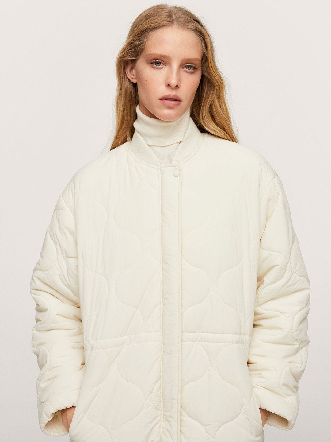 MANGO Women White Solid Quilted Jacket Price in India