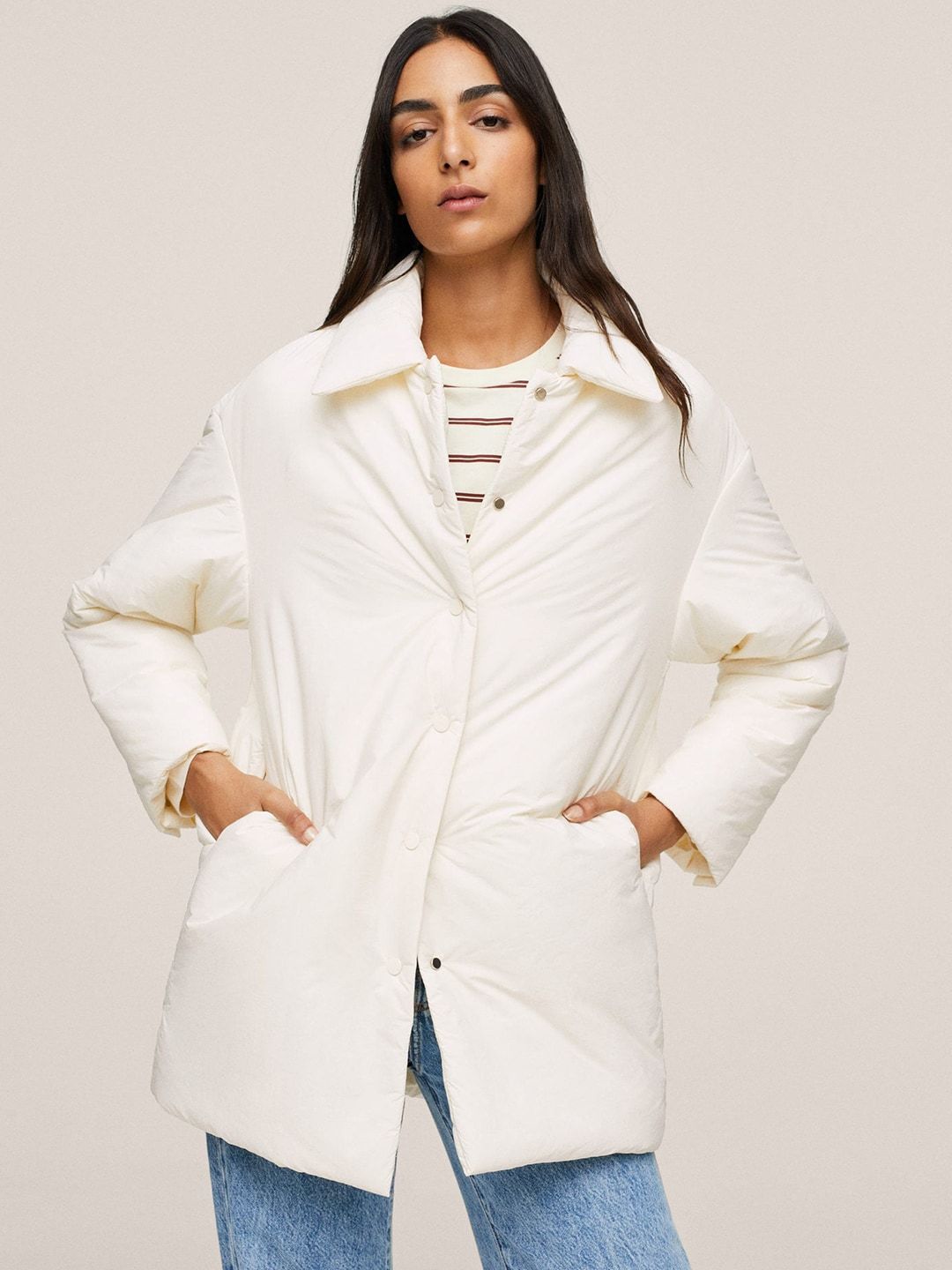 MANGO Women Off White Solid Puffer Jacket Price in India