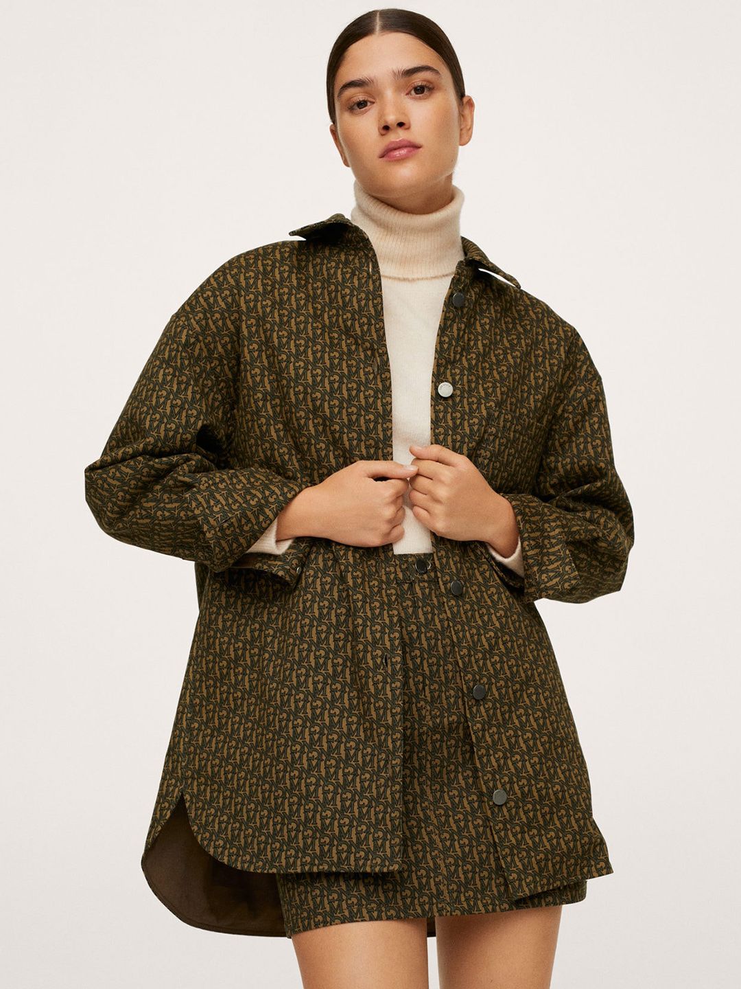 MANGO Women Olive Green & Beige Typography Print Longline Tailored Jacket Price in India