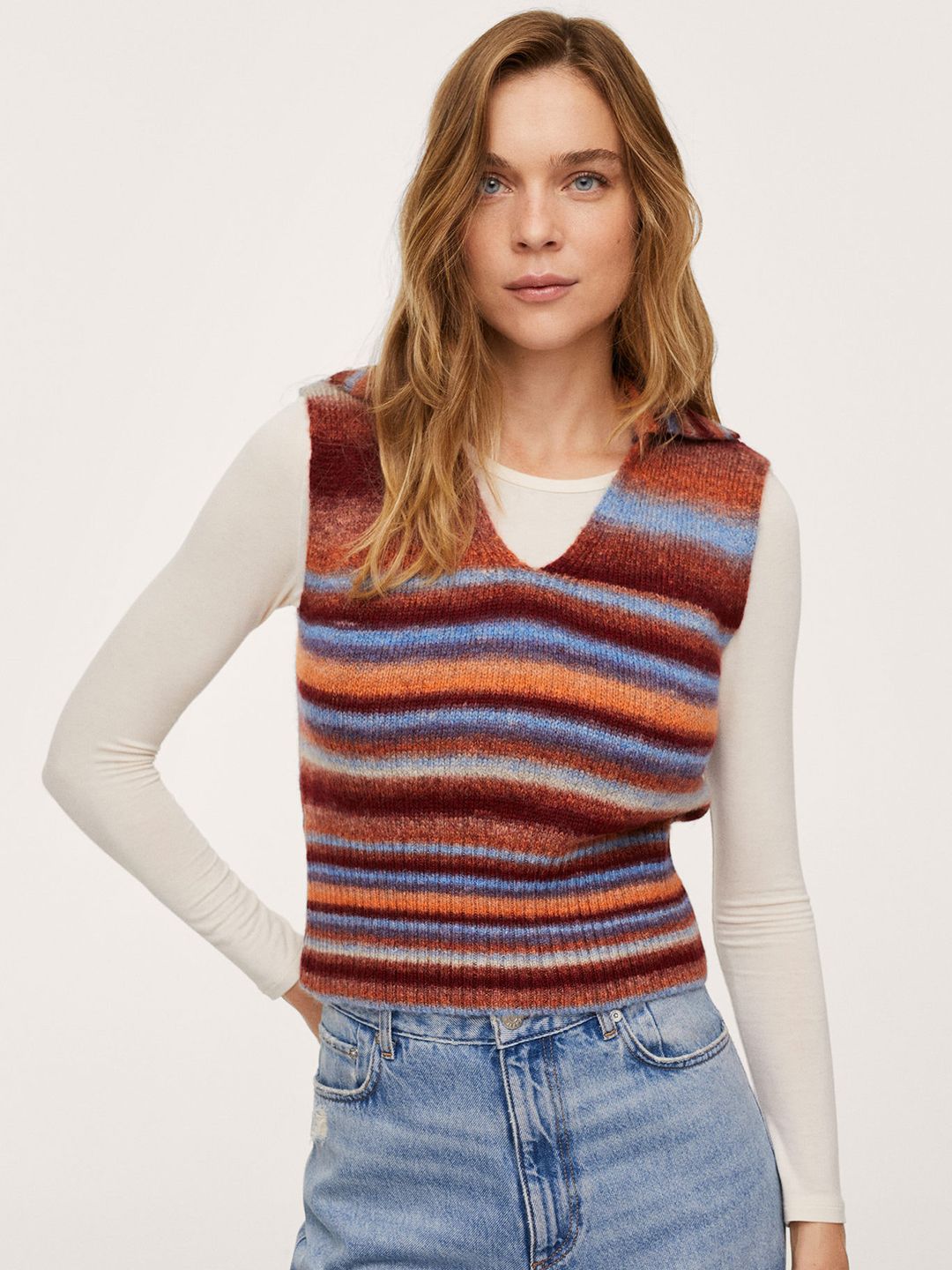 MANGO Women Brown & Blue Striped Sweater Vest Price in India