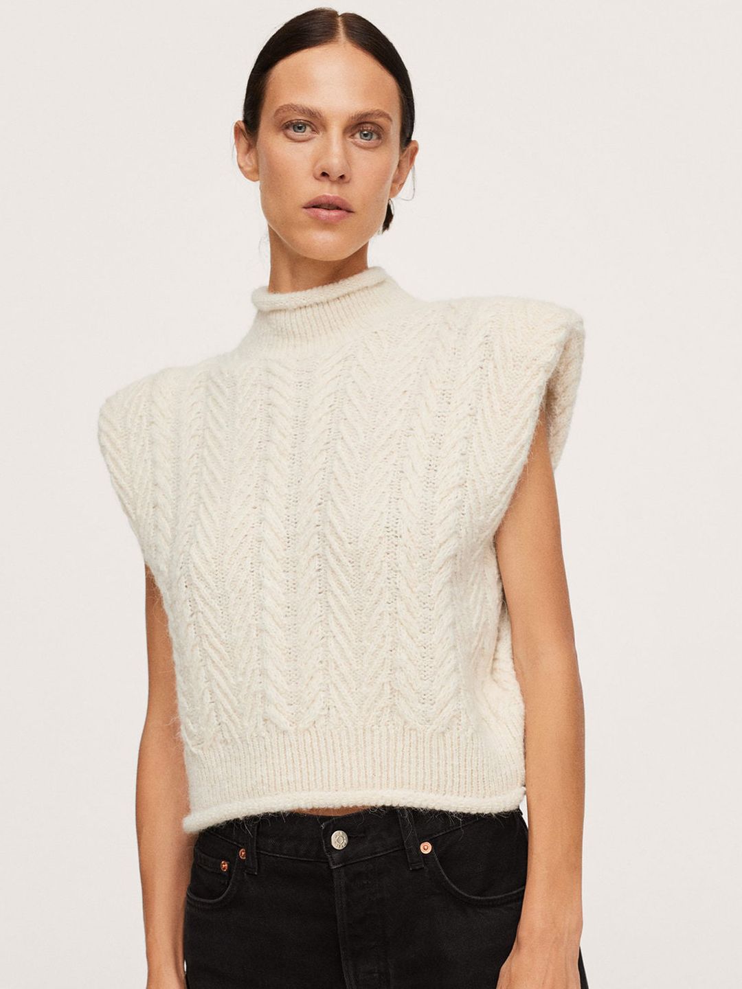 MANGO Women Off-White Turtle Neck Cable Knit Pullover Sweater Price in India