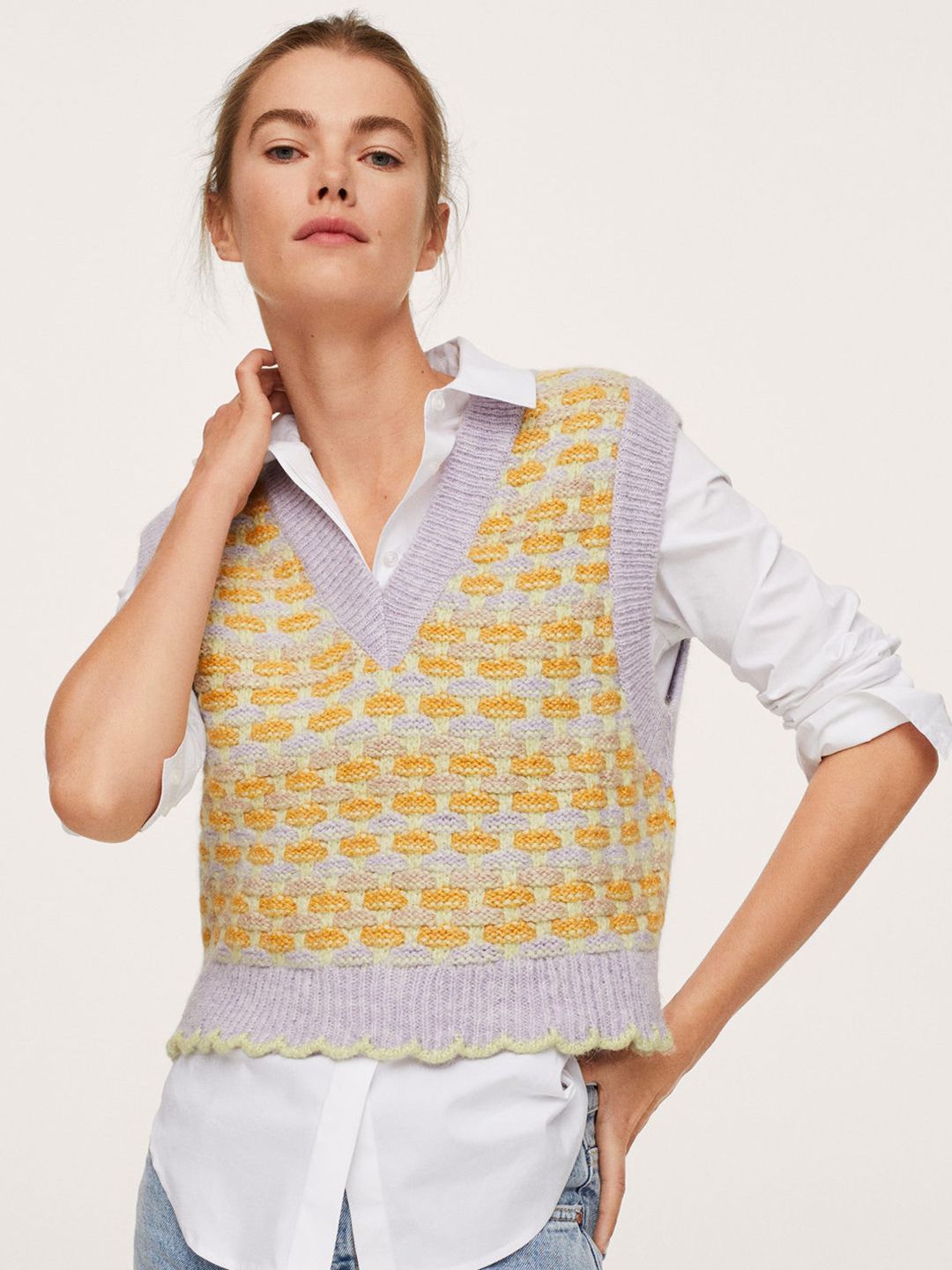 MANGO Women Mustard Yellow & Purple Self Design Sweater Vest Price in India