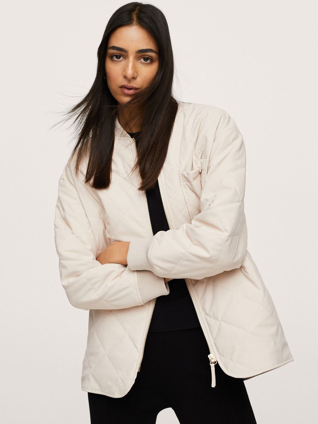 MANGO Women White Solid Quilted Jacket Price in India