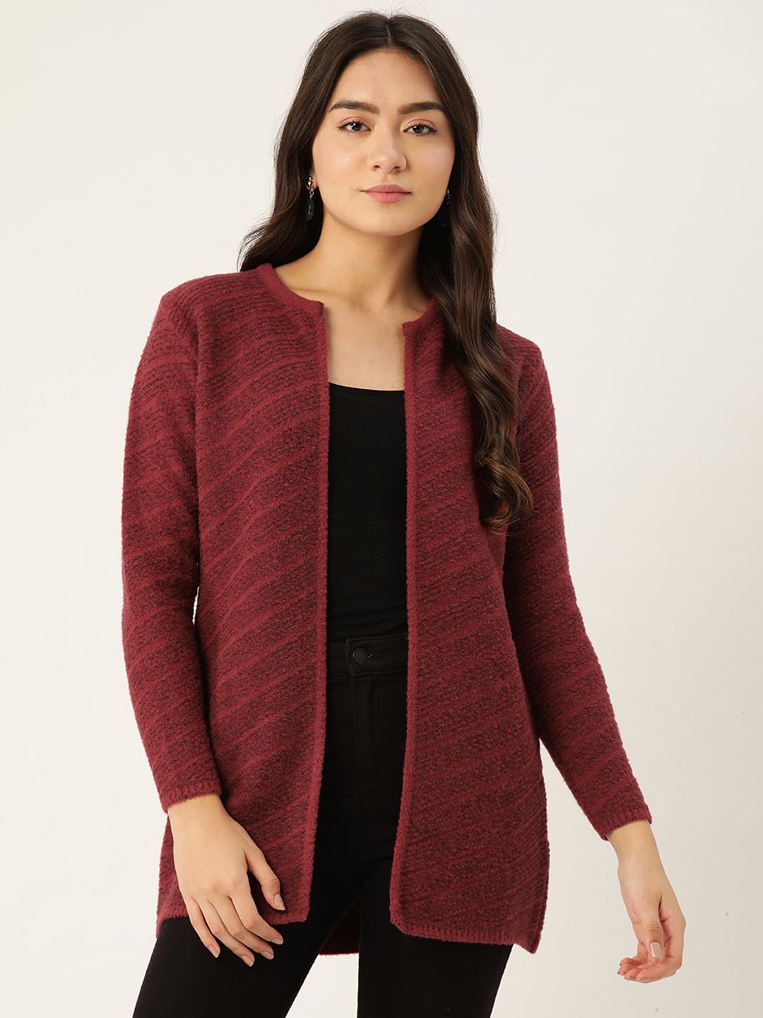 BROOWL Women Maroon Striped Longline Winter Shrug Price in India