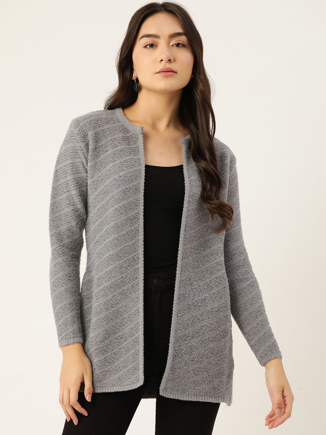 BROOWL Women Grey Striped Longline Winter Shrug Price in India