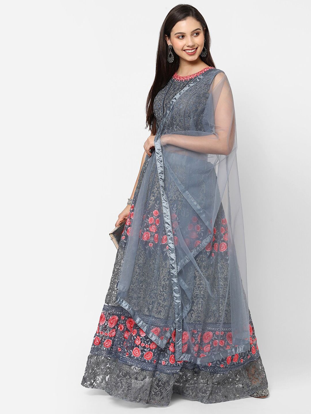 RedRound Grey & Red Embroidered Thread Work Semi-Stitched Lehenga & Unstitched Blouse With Dupatta Price in India