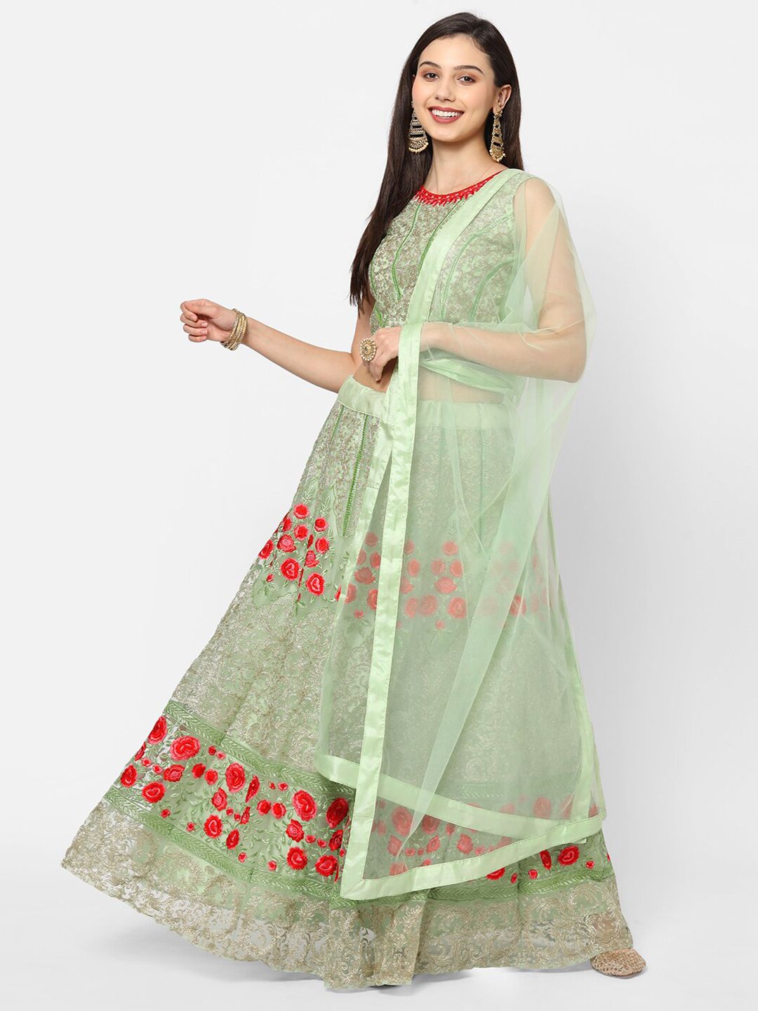 RedRound Green & Red Embroidered Thread Work Semi-Stitched Lehenga & Unstitched Blouse With Dupatta Price in India