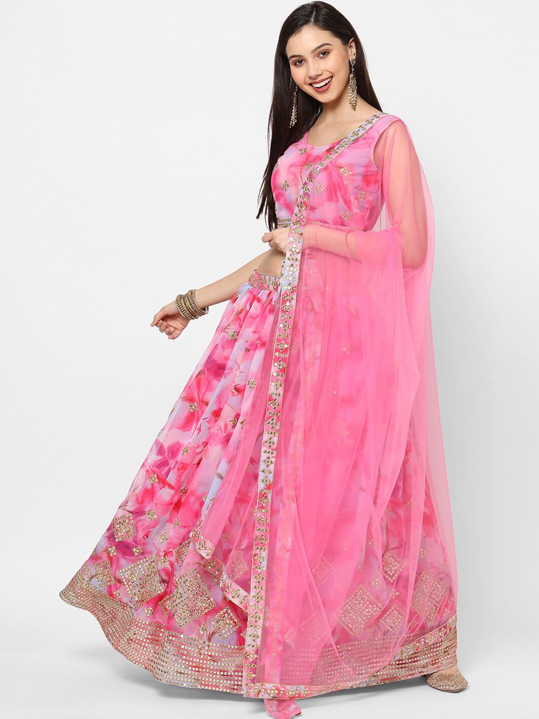 RedRound Pink & Turquoise Blue Embroidered Mirror Work Semi-Stitched Lehenga & Unstitched Blouse With Price in India