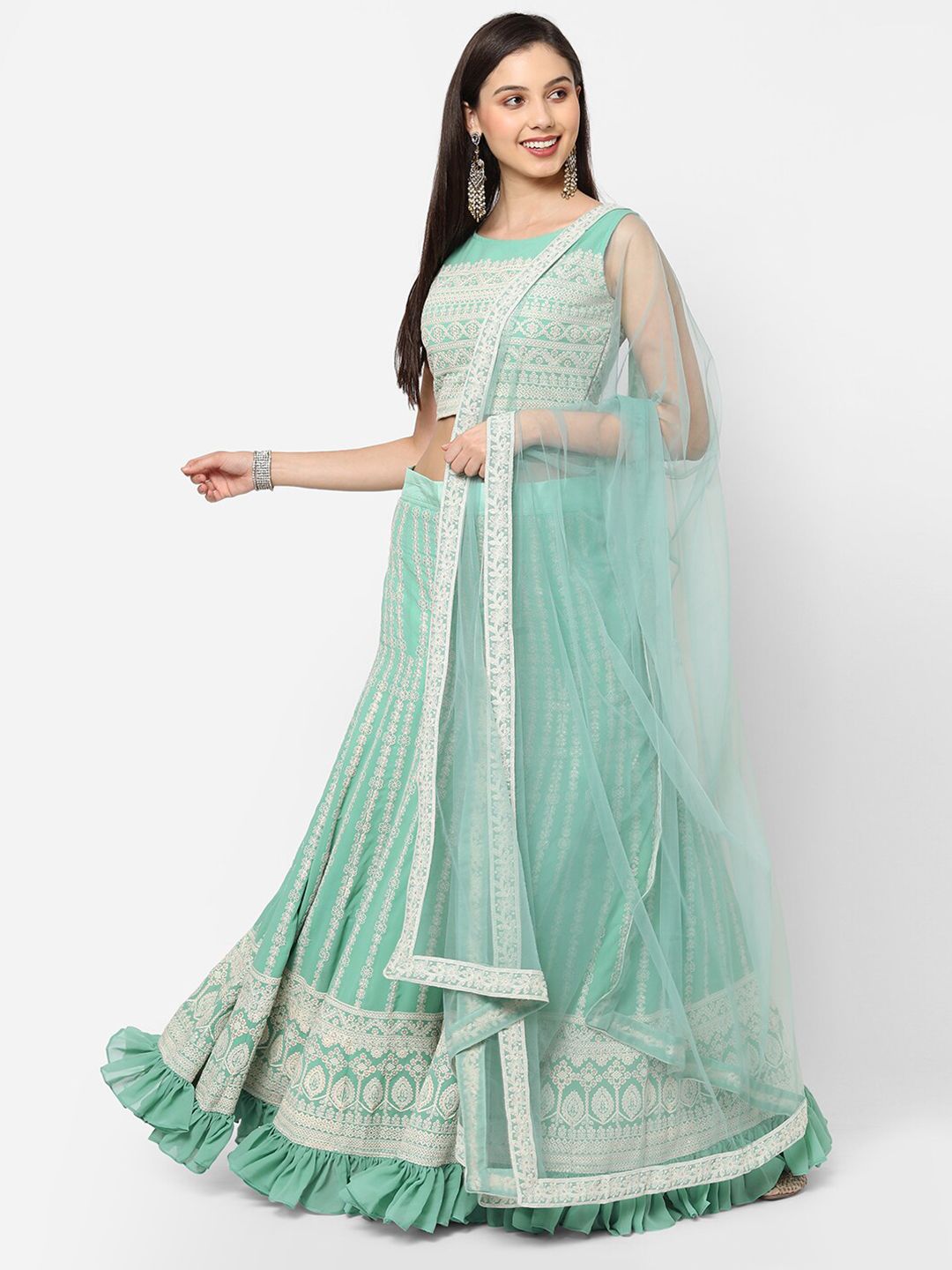 RedRound Green & Silver-Toned Semi-Stitched Lehenga & Unstitched Blouse With Dupatta Price in India