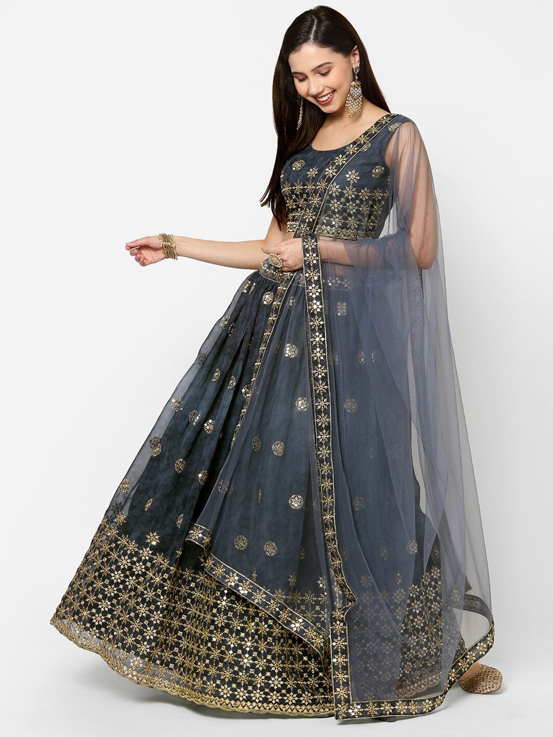 RedRound Grey & Gold-Toned Embroidered Mirror Work Semi-Stitched Lehenga & Unstitched Blouse With Dupatta Price in India