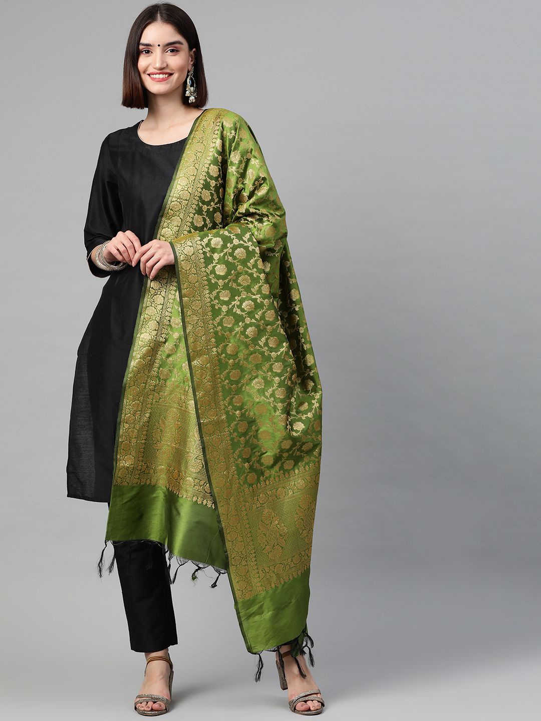 BharatSthali Green & Gold-Toned Ethnic Motifs Woven Design Cotton Silk Banarasi Dupatta Price in India