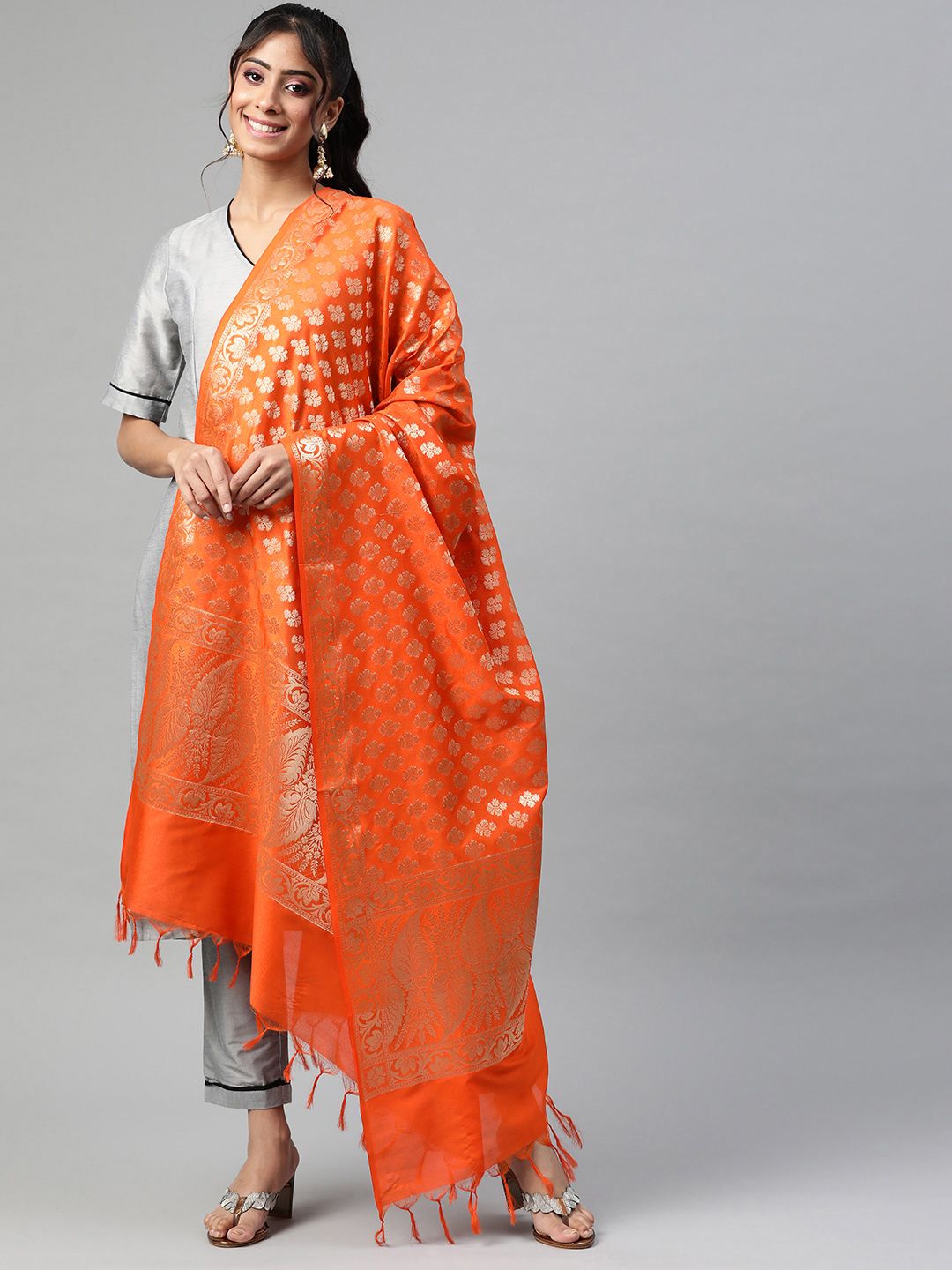 BharatSthali Orange & Gold-Toned Ethnic Motifs Woven Design Cotton Silk Banarasi Dupatta Price in India