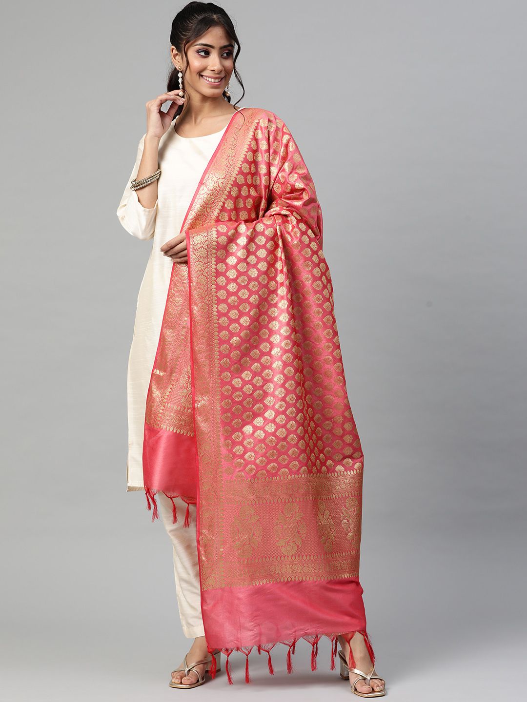 BharatSthali Pink & Gold-Toned Ethnic Motifs Woven Design Banarasi Dupatta with Zari Price in India