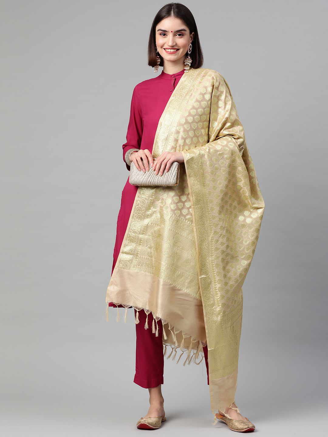 BharatSthali Beige & Gold-Toned Ethnic Motifs Woven Design Cotton Silk Banarasi Dupatta Price in India