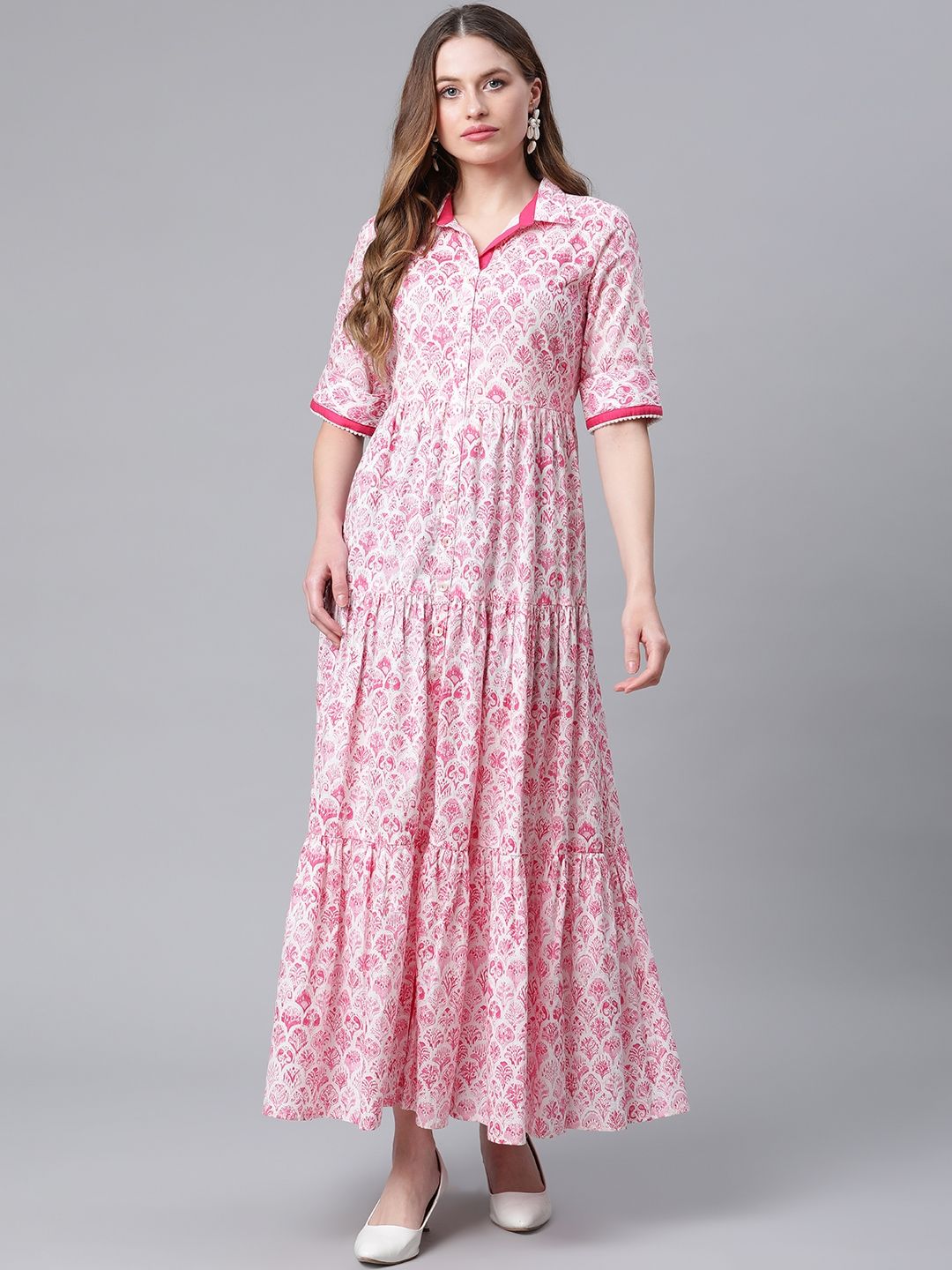 Rangriti Women Pink Floral Ethnic A-Line Maxi Dress Price in India