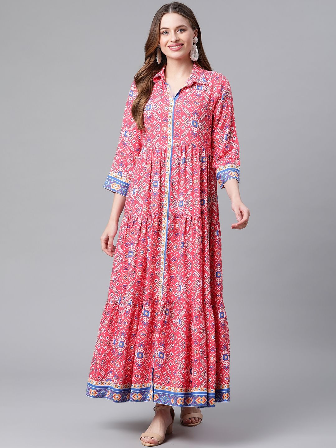 Rangriti Women Red Printed A-Line Maxi Dress Price in India