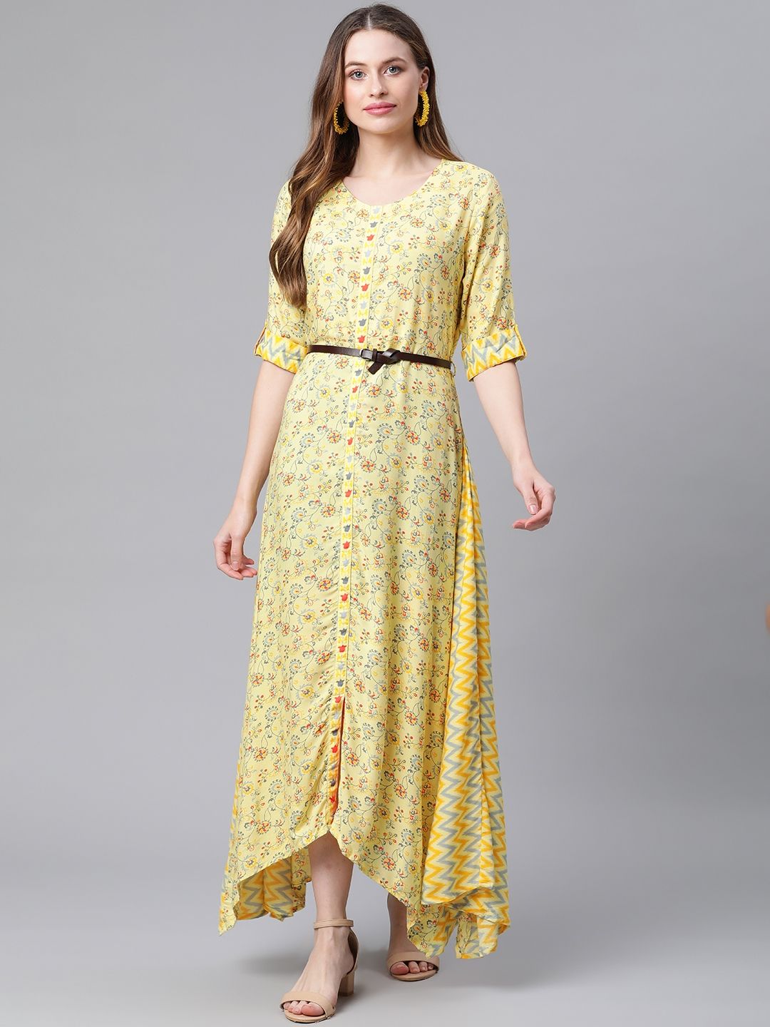 Rangriti Women Yellow Floral Maxi Dress Price in India