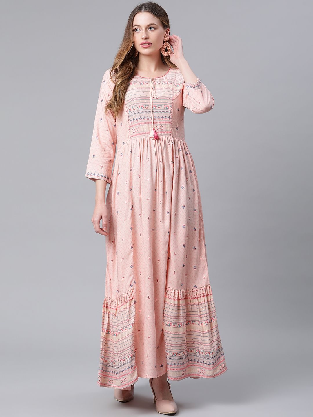 Rangriti Women Peach-Coloured Floral Tie-Up Neck Maxi Dress Price in India