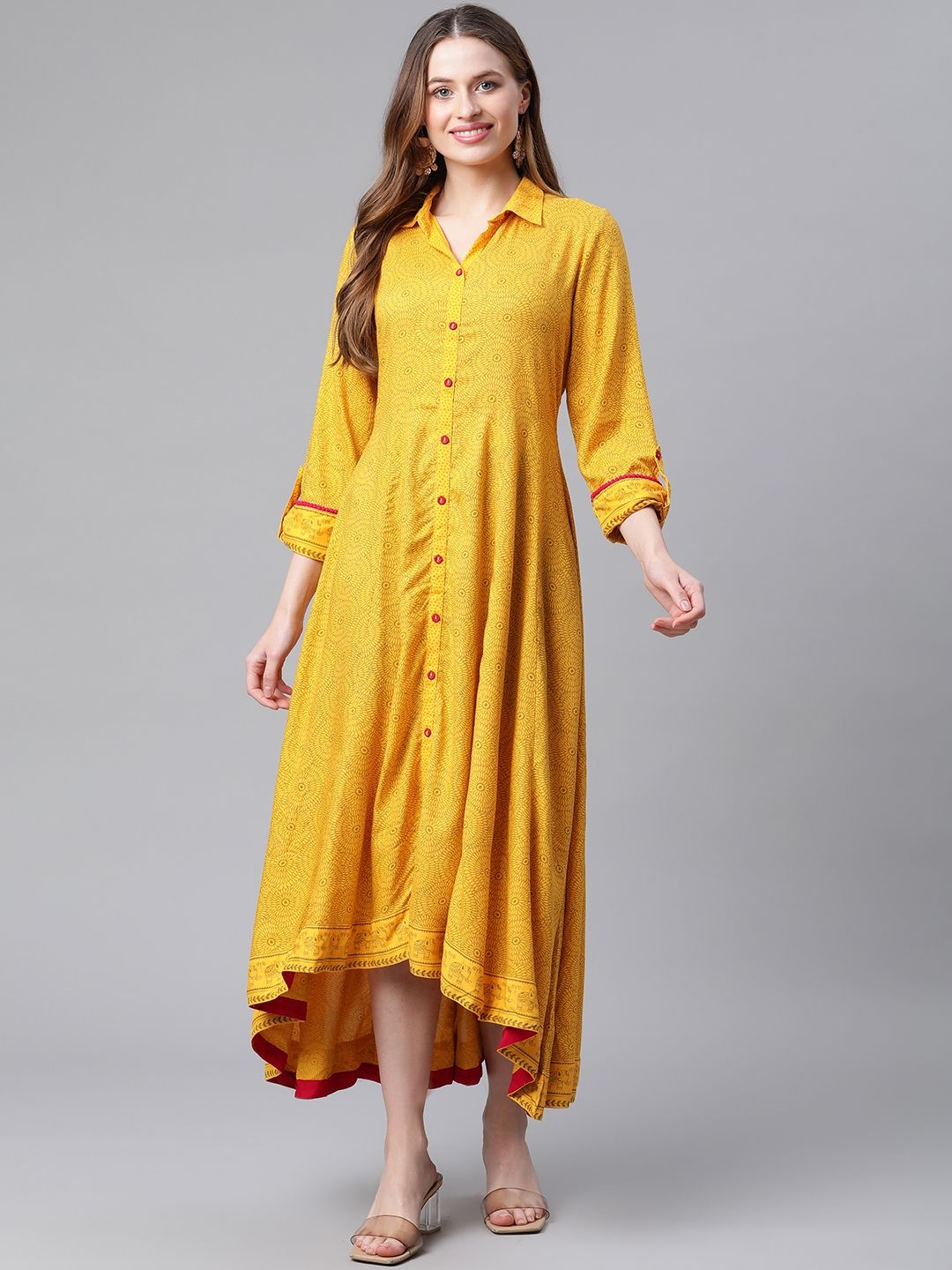 Rangriti Women Mustard Yellow Floral Ethnic A-Line Maxi Dress Price in India