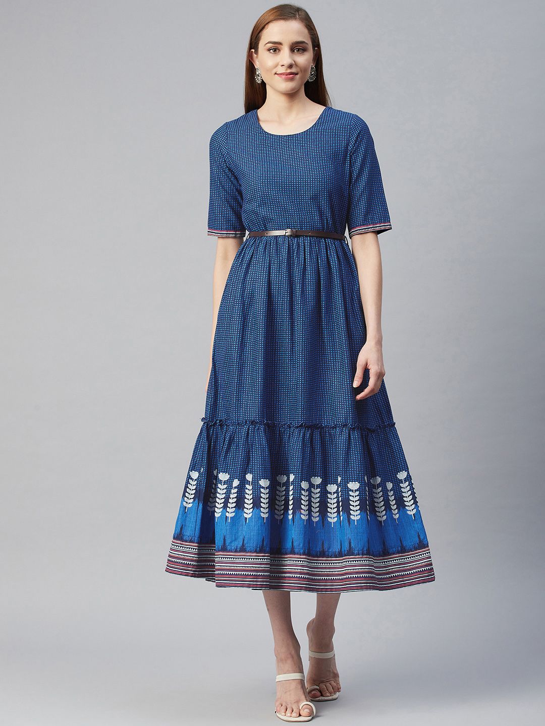 Rangriti Navy Blue Floral Cotton Ethnic A-Line Midi Dress Price in India