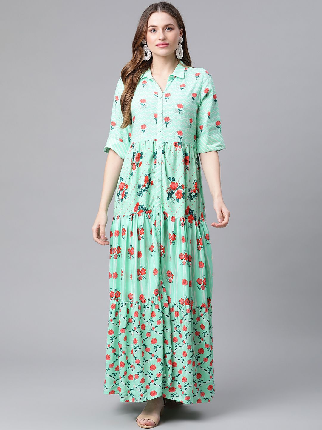 Rangriti Women Green Floral Ethnic A-Line Maxi Dress Price in India