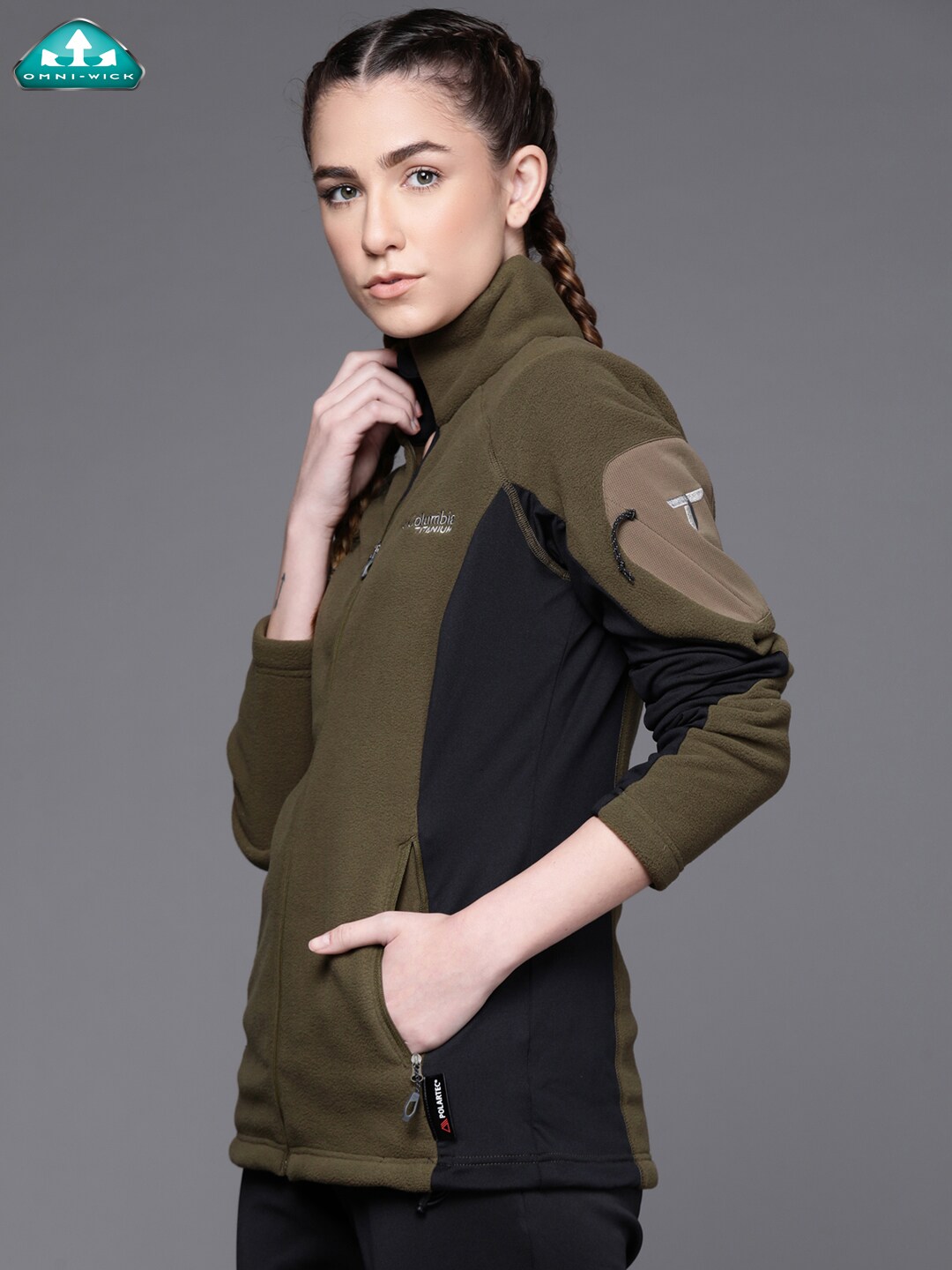 Columbia Women Olive Green & Black Titan Pass 2.0 II Fleece Colourblocked Tailored Jacket Price in India
