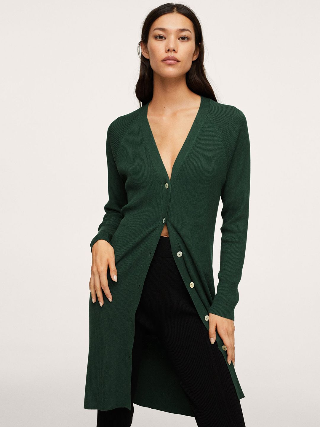 MANGO Women Green Ribbed Longline Cardigan Price in India