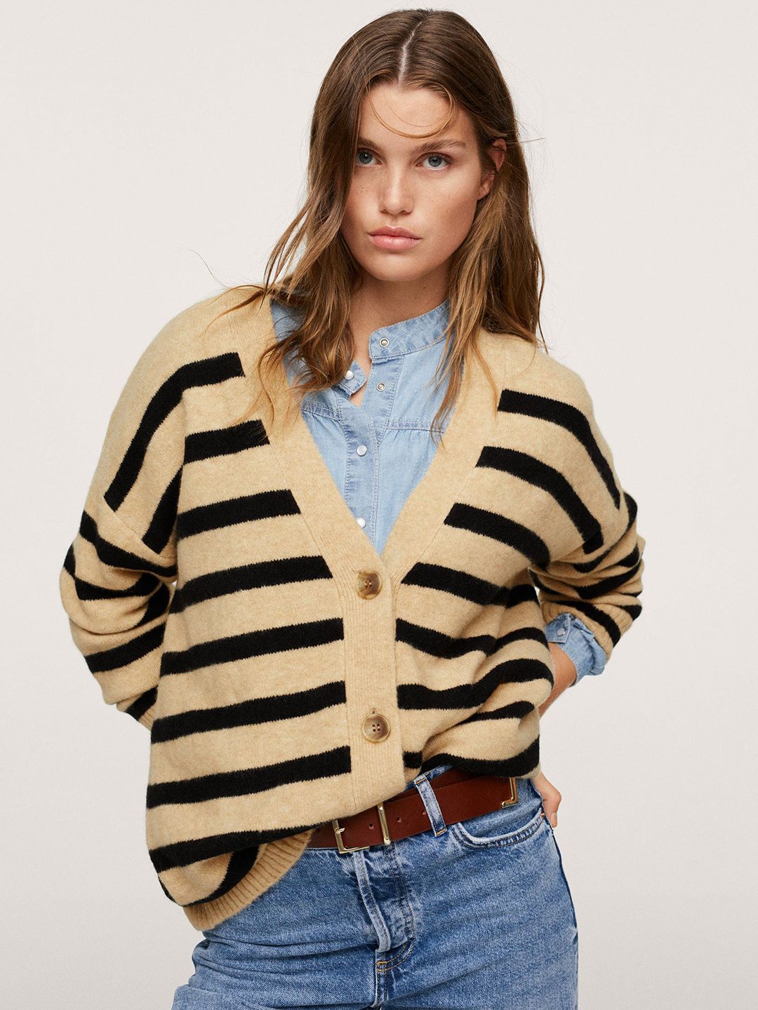 MANGO Women Beige & Black Striped Cardigan Price in India