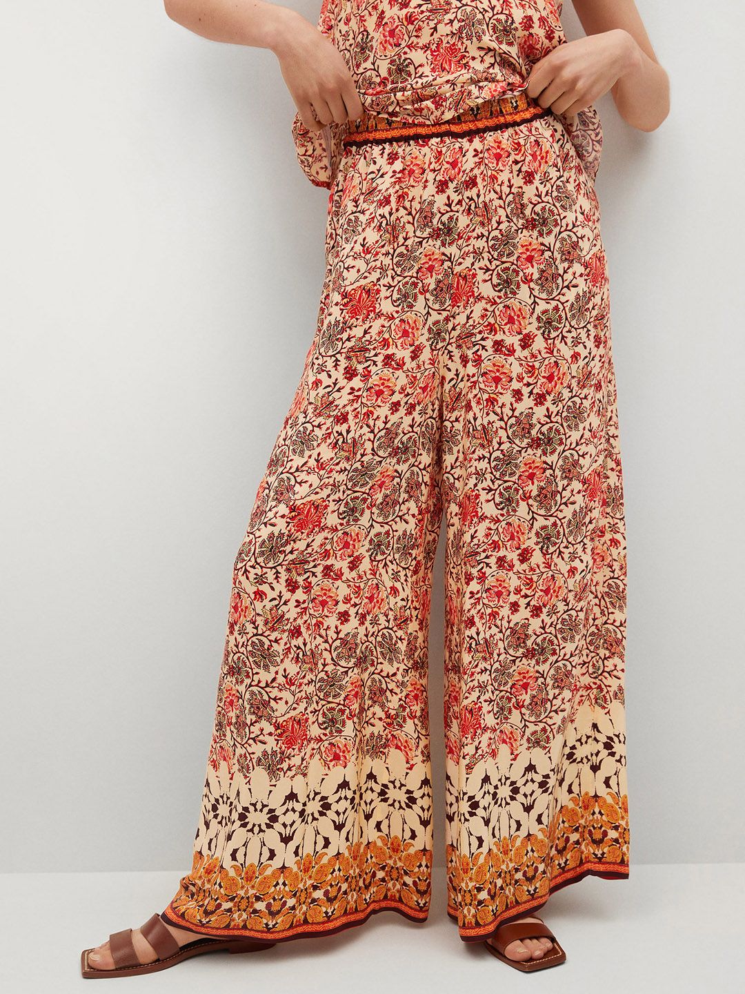 MANGO Women Beige & Red Ethnic Motifs Printed Palazzos Price in India