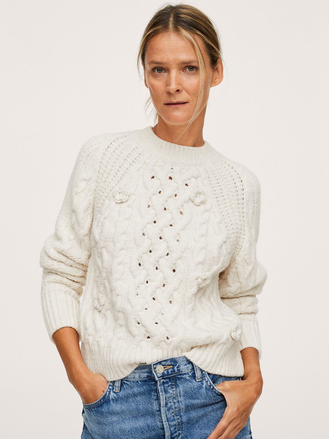 MANGO Women Off-White Cable Knit Pullover with Embroidered Detail Price in India