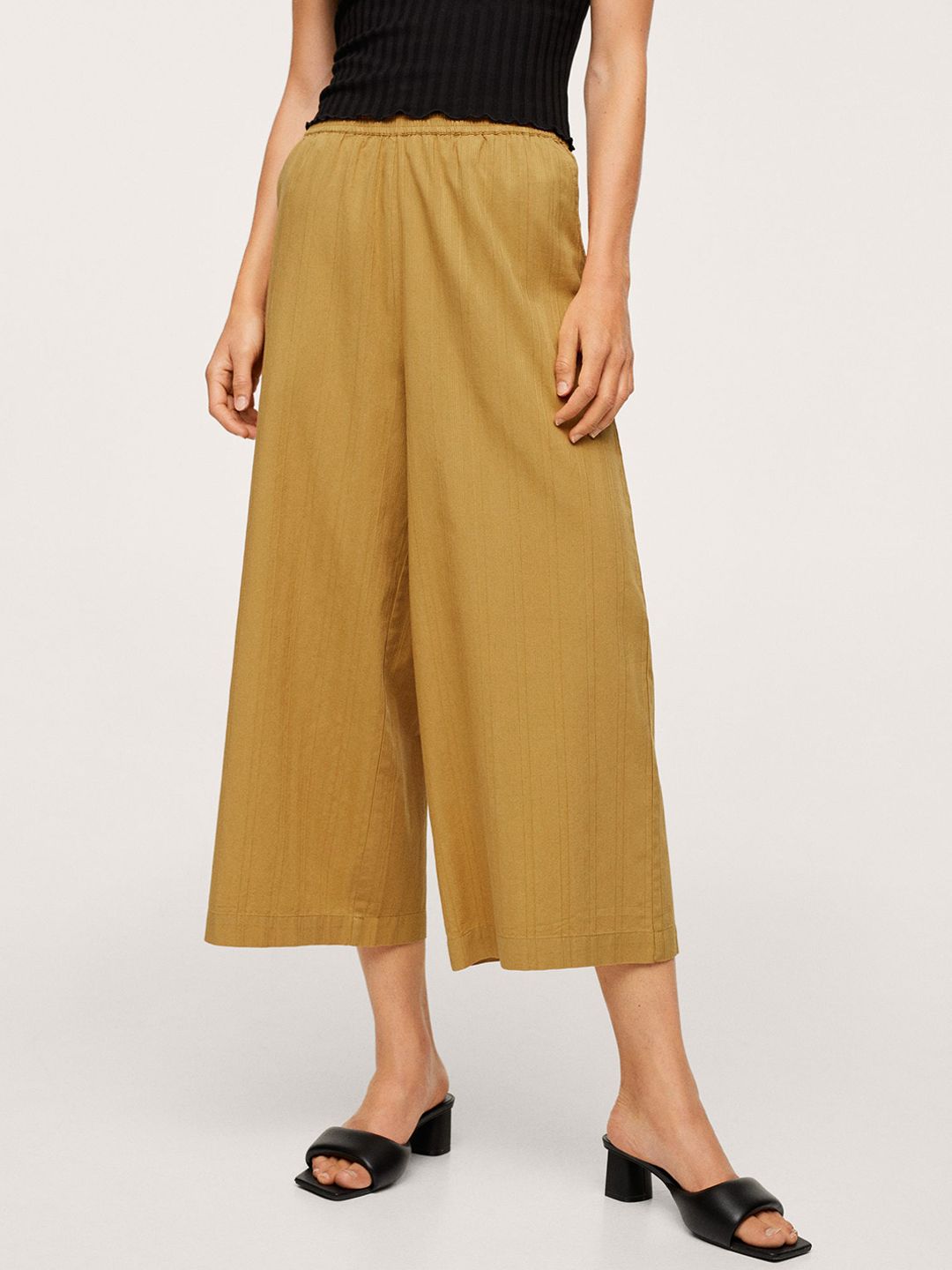 MANGO Women Mustard Yellow Solid Pure Cotton Pleated Culottes