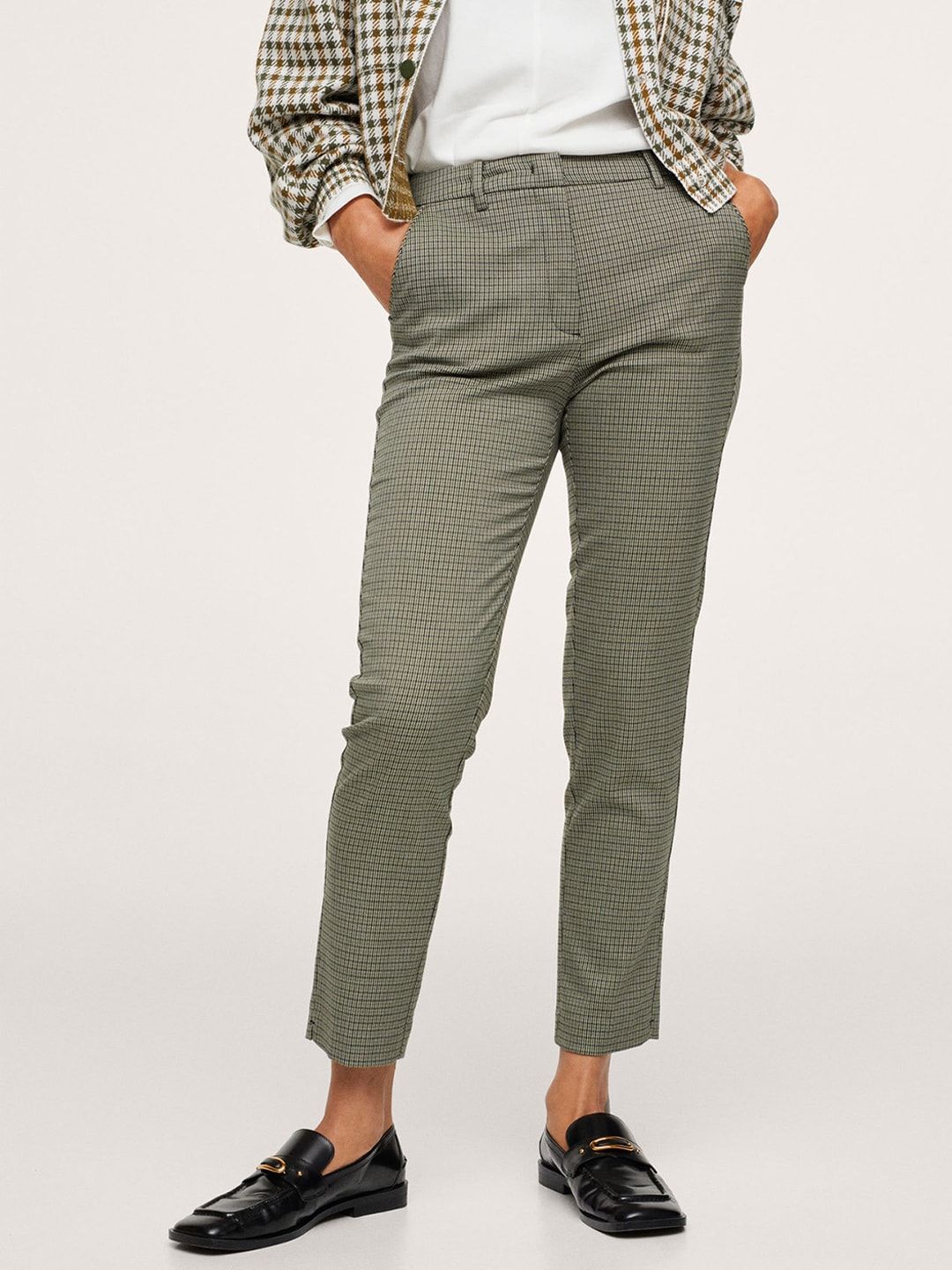 MANGO Women Green & Black Checked Regular Cropped Trousers Price in India