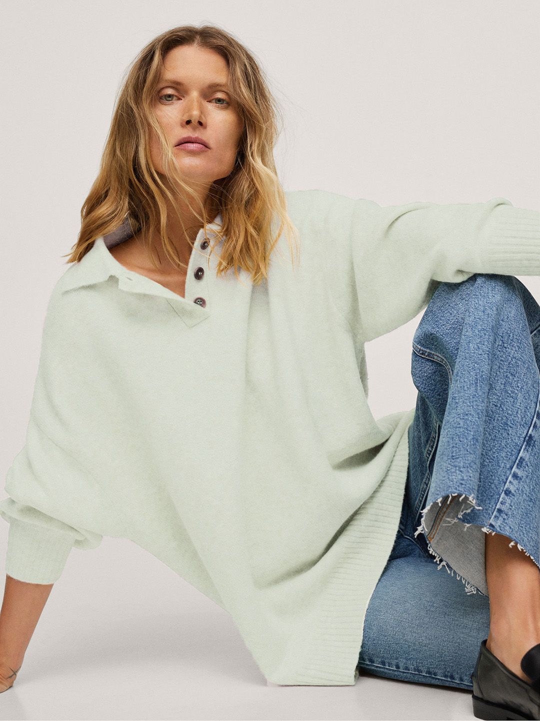 MANGO Women Sea Green Solid Polo Collar Pullover Sweater Price in India